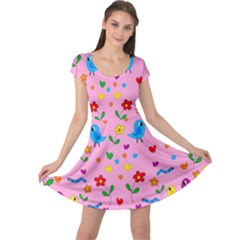 Pink Cute Birds And Flowers Pattern Cap Sleeve Dresses by Valentinaart