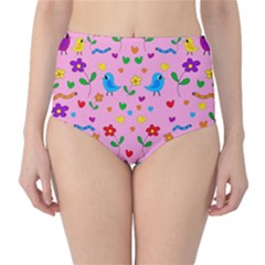 Pink Cute Birds And Flowers Pattern High-waist Bikini Bottoms by Valentinaart