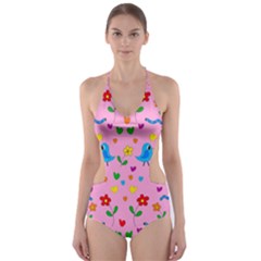 Pink Cute Birds And Flowers Pattern Cut-out One Piece Swimsuit by Valentinaart