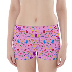 Pink Cute Birds And Flowers Pattern Boyleg Bikini Wrap Bottoms