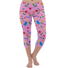 Pink Cute Birds And Flowers Pattern Capri Yoga Leggings