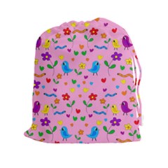 Pink Cute Birds And Flowers Pattern Drawstring Pouches (xxl) by Valentinaart