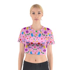 Pink Cute Birds And Flowers Pattern Cotton Crop Top by Valentinaart