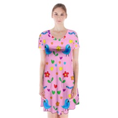 Pink Cute Birds And Flowers Pattern Short Sleeve V-neck Flare Dress