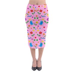 Pink Cute Birds And Flowers Pattern Midi Pencil Skirt by Valentinaart