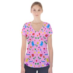 Pink Cute Birds And Flowers Pattern Short Sleeve Front Detail Top