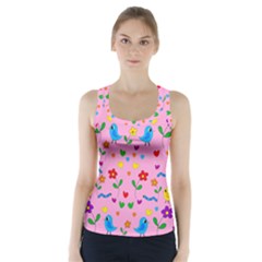 Pink Cute Birds And Flowers Pattern Racer Back Sports Top