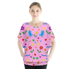 Pink Cute Birds And Flowers Pattern Blouse