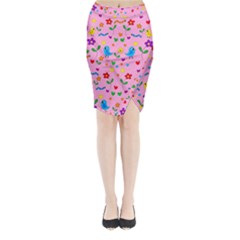 Pink Cute Birds And Flowers Pattern Midi Wrap Pencil Skirt