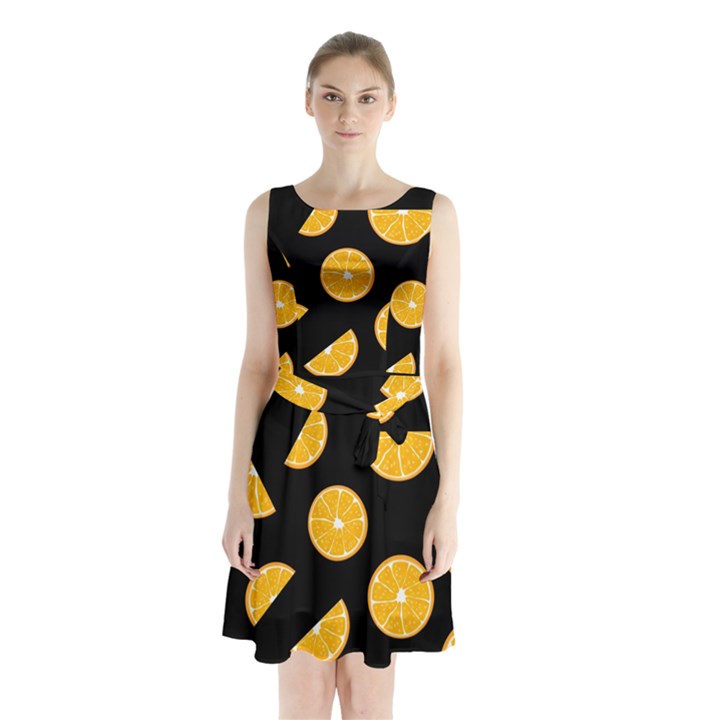 Oranges pattern - black Sleeveless Chiffon Waist Tie Dress