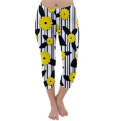 Yellow Floral Pattern Capri Winter Leggings  by Valentinaart