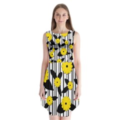 Yellow Floral Pattern Sleeveless Chiffon Dress  