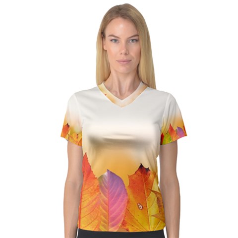 Autumn Leaves Colorful Fall Foliage Women s V-neck Sport Mesh Tee by Amaryn4rt