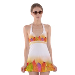 Autumn Leaves Colorful Fall Foliage Halter Swimsuit Dress