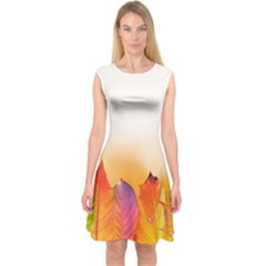 Autumn Leaves Colorful Fall Foliage Capsleeve Midi Dress