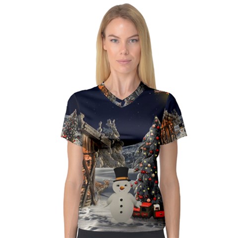 Christmas Landscape Women s V-neck Sport Mesh Tee by Amaryn4rt