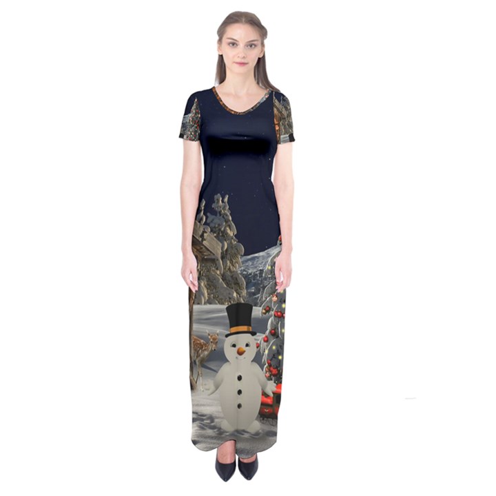 Christmas Landscape Short Sleeve Maxi Dress