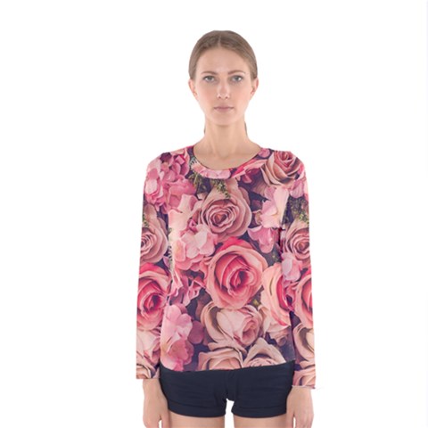 Beautiful Pink Roses  Women s Long Sleeve Tee by Brittlevirginclothing