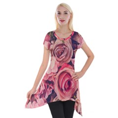 Beautiful Pink Roses  Short Sleeve Side Drop Tunic by Brittlevirginclothing