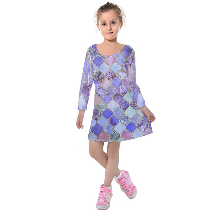 Blue moroccan mosaic Kids  Long Sleeve Velvet Dress