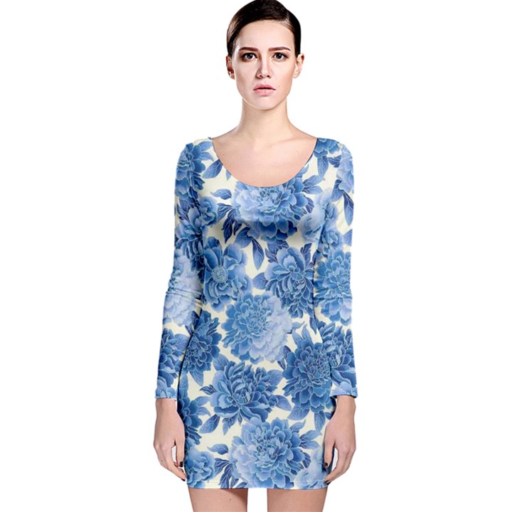 Blue flowers Long Sleeve Velvet Bodycon Dress