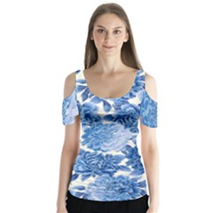 Blue Flowers Butterfly Sleeve Cutout Tee 