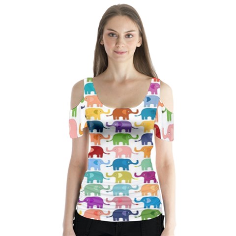 Colorful Small Elephants Butterfly Sleeve Cutout Tee  by Brittlevirginclothing