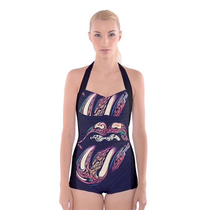 The rolling stones glowing Boyleg Halter Swimsuit 