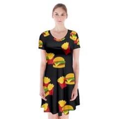 Hamburgers And French Fries Pattern Short Sleeve V-neck Flare Dress by Valentinaart