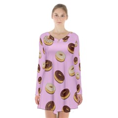 Donuts Pattern - Pink Long Sleeve Velvet V-neck Dress by Valentinaart