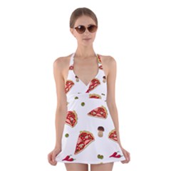 Pizza Pattern Halter Swimsuit Dress by Valentinaart