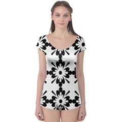 Floral Illustration Black And White Boyleg Leotard 