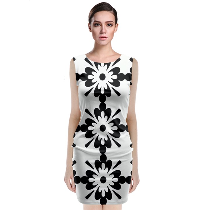 Floral Illustration Black And White Sleeveless Velvet Midi Dress