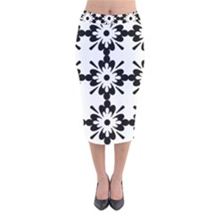 Floral Illustration Black And White Velvet Midi Pencil Skirt