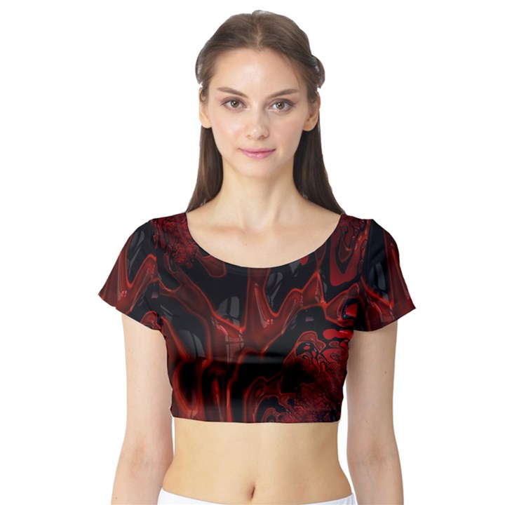 Fractal Red Black Glossy Pattern Decorative Short Sleeve Crop Top (Tight Fit)