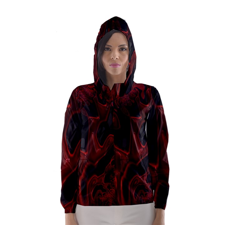 Fractal Red Black Glossy Pattern Decorative Hooded Wind Breaker (Women)