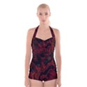 Fractal Red Black Glossy Pattern Decorative Boyleg Halter Swimsuit  View1