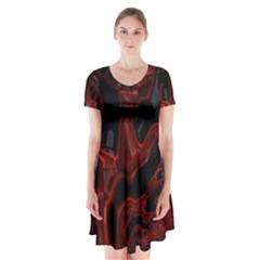 Fractal Red Black Glossy Pattern Decorative Short Sleeve V-neck Flare Dress