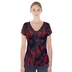 Fractal Red Black Glossy Pattern Decorative Short Sleeve Front Detail Top