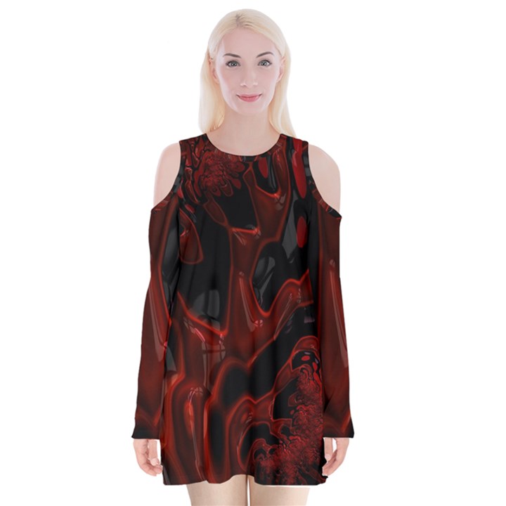 Fractal Red Black Glossy Pattern Decorative Velvet Long Sleeve Shoulder Cutout Dress