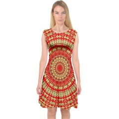 Gold And Red Mandala Capsleeve Midi Dress