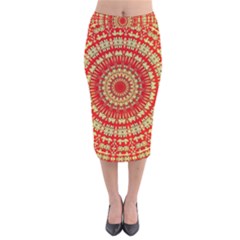 Gold And Red Mandala Velvet Midi Pencil Skirt