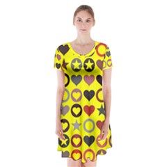 Heart Circle Star Seamless Pattern Short Sleeve V-neck Flare Dress by Amaryn4rt