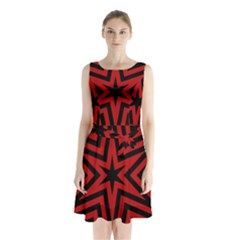 Star Red Kaleidoscope Pattern Sleeveless Chiffon Waist Tie Dress