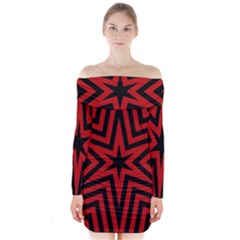 Star Red Kaleidoscope Pattern Long Sleeve Off Shoulder Dress by Amaryn4rt