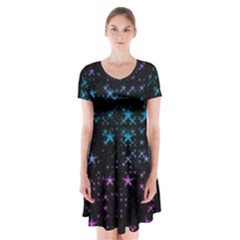 Stars Pattern Seamless Design Short Sleeve V-neck Flare Dress