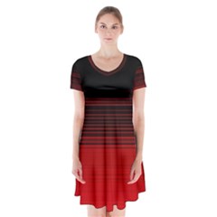 Abstract Of Red Horizontal Lines Short Sleeve V-neck Flare Dress