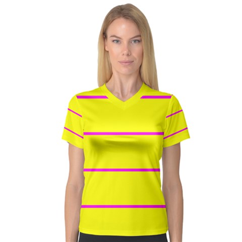 Background Image Horizontal Lines And Stripes Seamless Tileable Magenta Yellow Women s V-neck Sport Mesh Tee by Amaryn4rt