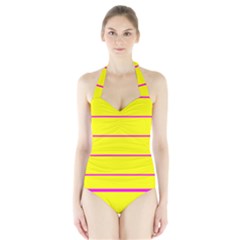 Background Image Horizontal Lines And Stripes Seamless Tileable Magenta Yellow Halter Swimsuit by Amaryn4rt