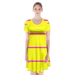 Background Image Horizontal Lines And Stripes Seamless Tileable Magenta Yellow Short Sleeve V-neck Flare Dress